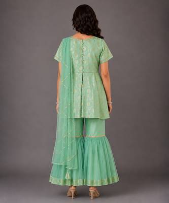 Green embroidered cotton silk attached dupatta sharara set 2