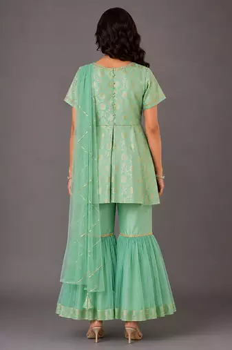 Green embroidered cotton silk attached dupatta sharara set