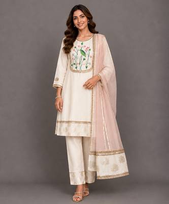 Off white baby pink embroidered velvet chanderi kurti set 1