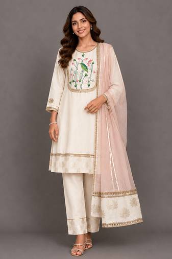 Off white baby pink embroidered velvet chanderi kurti set