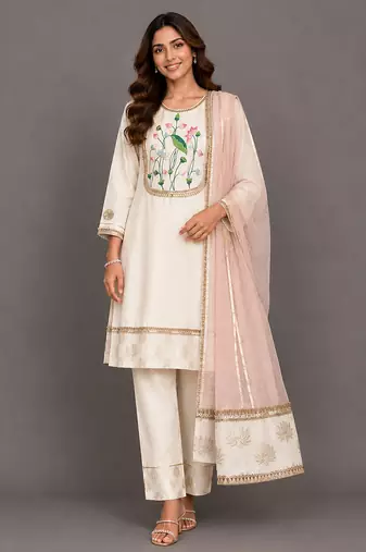 Off white baby pink embroidered velvet chanderi kurti set