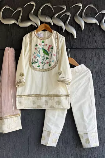 Off white baby pink embroidered velvet chanderi kurti set