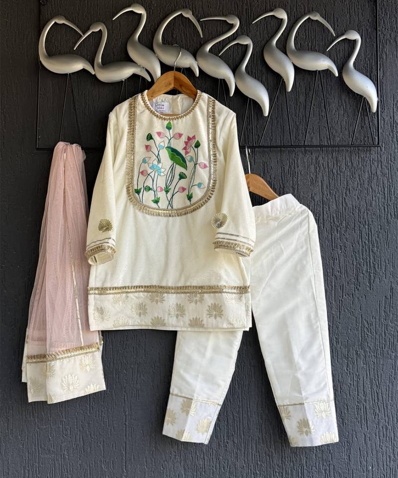 Off white baby pink embroidered velvet chanderi kurti set