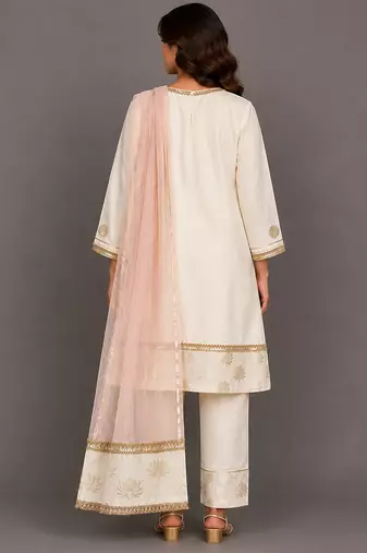 Off white baby pink embroidered velvet chanderi kurti set