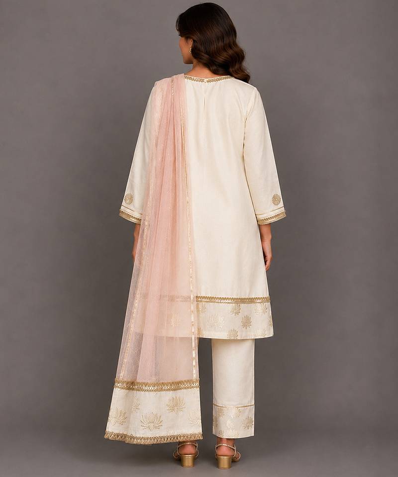 Off white baby pink embroidered velvet chanderi kurti set