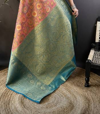 pink silk blend saree with unstitched blouse piece. 5
