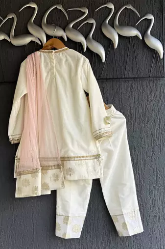 Off white baby pink embroidered velvet chanderi kurti set