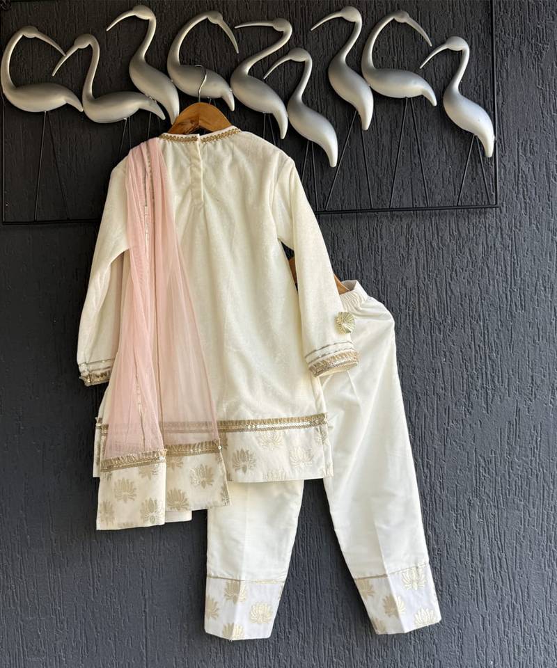 Off white baby pink embroidered velvet chanderi kurti set