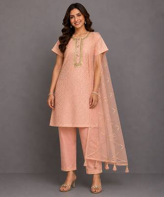 Peach embroidered chanderi cotton silk kurti set 1
