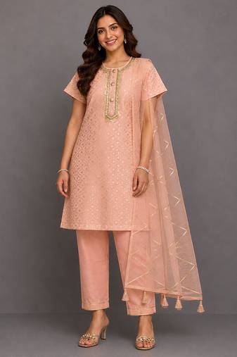 Peach embroidered chanderi cotton silk kurti set