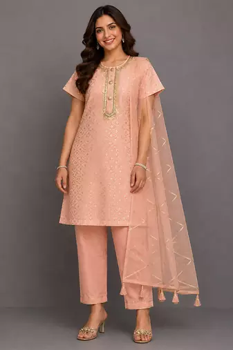 Peach embroidered chanderi cotton silk kurti set
