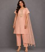 Peach embroidered chanderi cotton silk kurti set