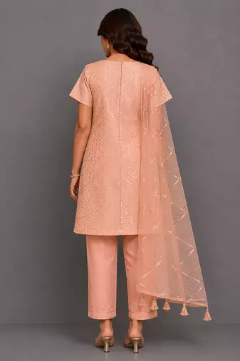 Peach embroidered chanderi cotton silk kurti set
