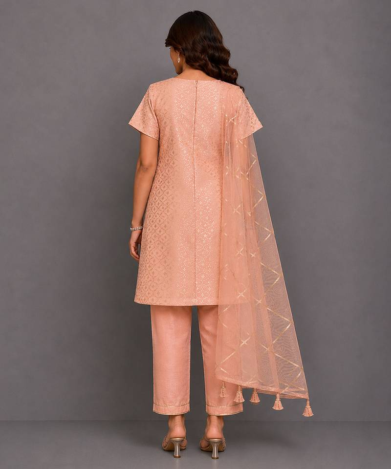 Peach embroidered chanderi cotton silk kurti set