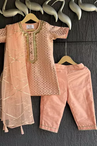 Peach embroidered chanderi cotton silk kurti set
