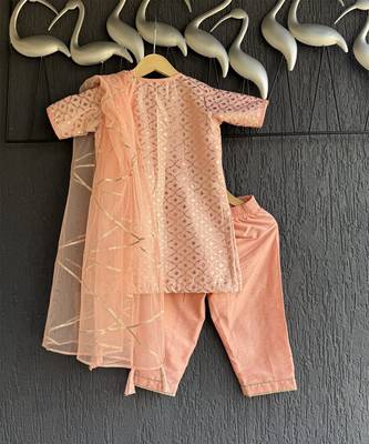 Peach embroidered chanderi cotton silk kurti set 4