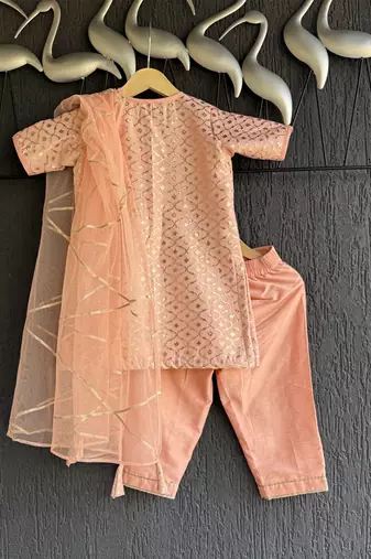 Peach embroidered chanderi cotton silk kurti set