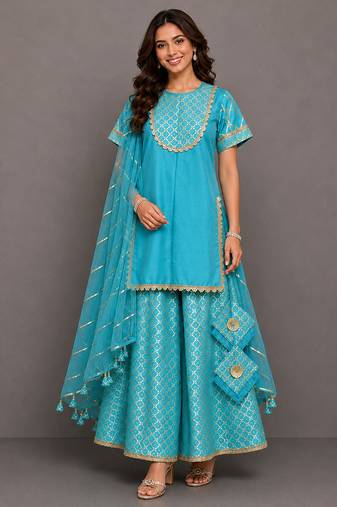 Blue embroidered silk and chanderi gharara set