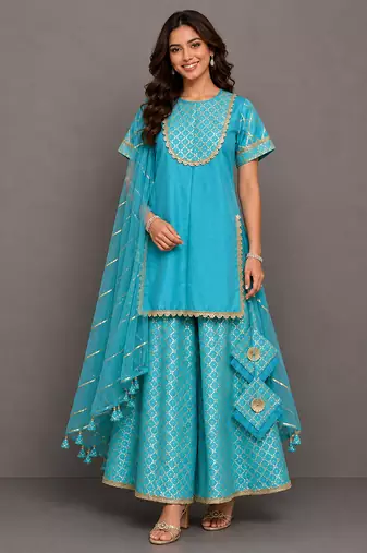 Blue embroidered silk and chanderi gharara set