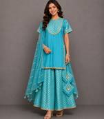 Blue embroidered silk and chanderi gharara set