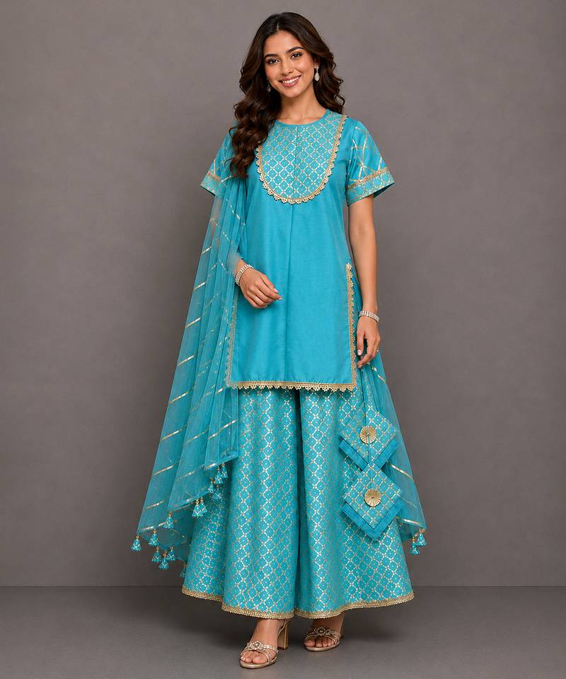 Blue embroidered silk and chanderi gharara set