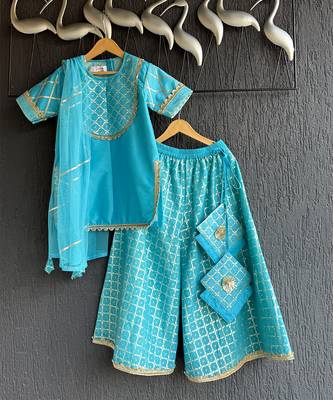 Blue embroidered silk and chanderi gharara set 2