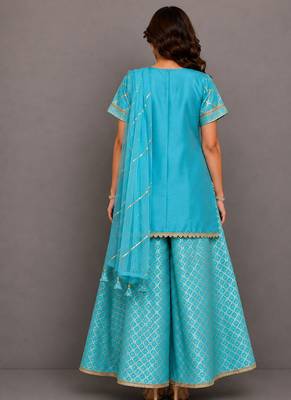 Blue embroidered silk and chanderi gharara set 4
