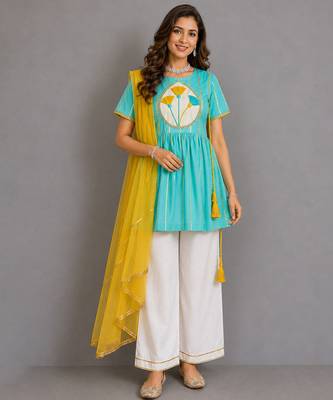 Blue off white embroidered cotton silk kurti set 1