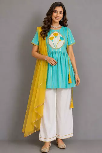 Blue off white embroidered cotton silk kurti set
