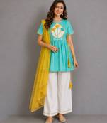 Blue off white embroidered cotton silk kurti set