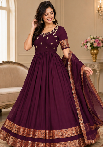 wine color elegant floral embroidery with rich zari weaving border silk blend anarkali gown set
