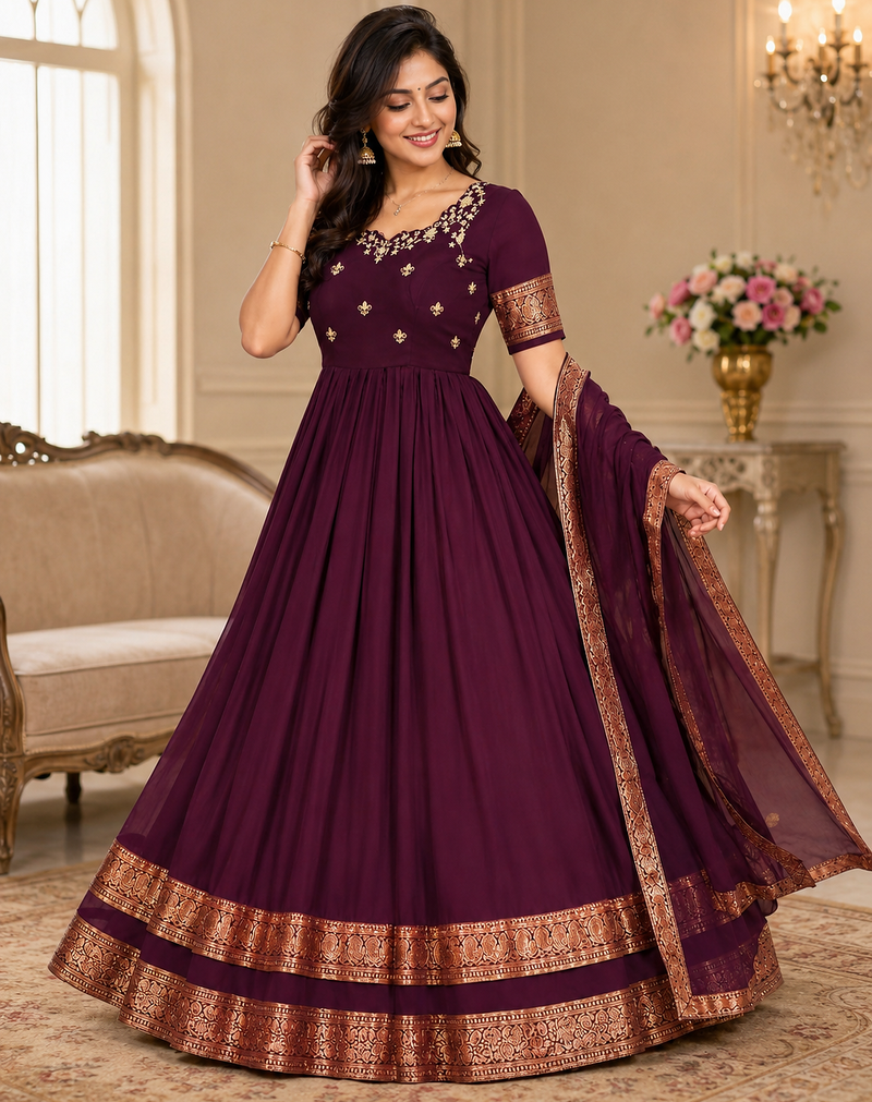 wine color elegant floral embroidery with rich zari weaving border silk blend anarkali gown set