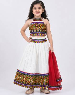 White mirror work cotton halter neck kids lehenga choli with dupatta  1