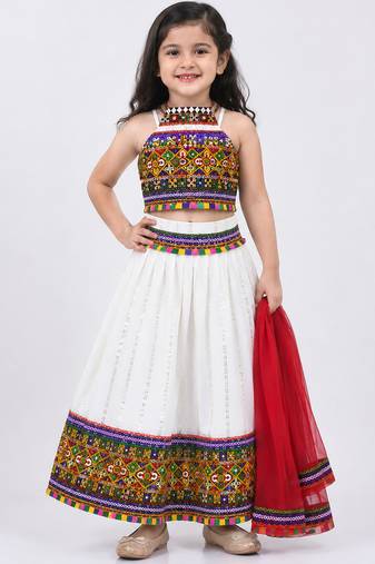White mirror work cotton halter neck kids lehenga choli with dupatta 
