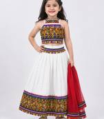 White mirror work cotton halter neck kids lehenga choli with dupatta 