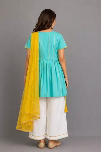 Blue off white embroidered cotton silk kurti set