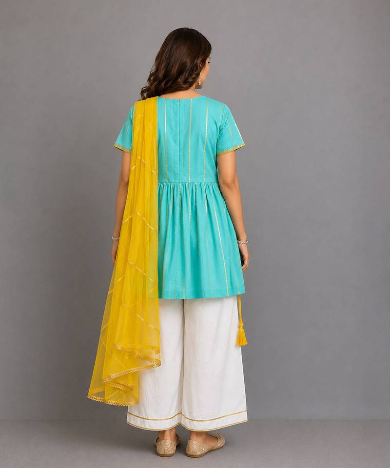 Blue off white embroidered cotton silk kurti set