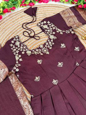 wine color elegant floral embroidery with rich zari weaving border silk blend anarkali gown set 2