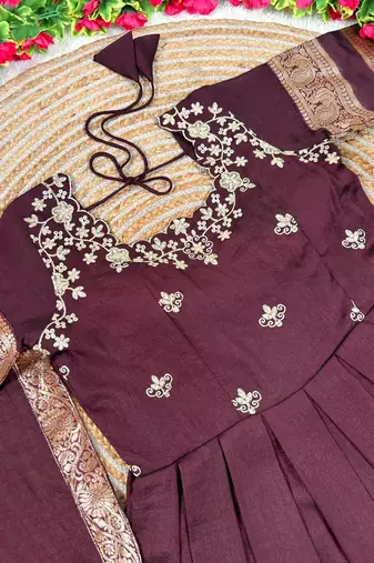 wine color elegant floral embroidery with rich zari weaving border silk blend anarkali gown set