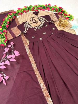 wine color elegant floral embroidery with rich zari weaving border silk blend anarkali gown set 3