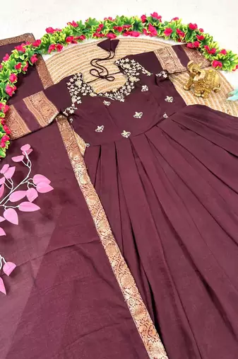 wine color elegant floral embroidery with rich zari weaving border silk blend anarkali gown set