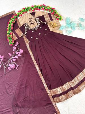 wine color elegant floral embroidery with rich zari weaving border silk blend anarkali gown set 4