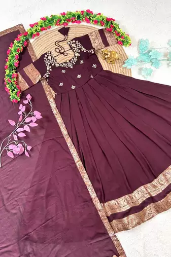 wine color elegant floral embroidery with rich zari weaving border silk blend anarkali gown set