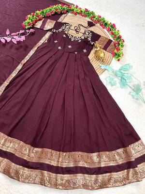 wine color elegant floral embroidery with rich zari weaving border silk blend anarkali gown set 5