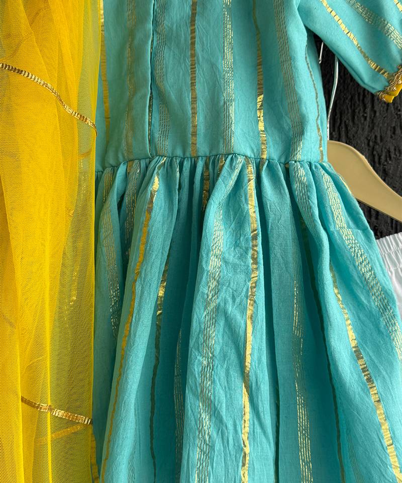 Blue off white embroidered cotton silk kurti set