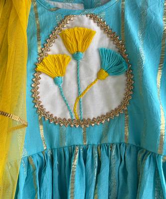 Blue off white embroidered cotton silk kurti set 4