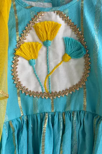 Blue off white embroidered cotton silk kurti set