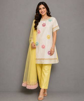 Off white yellow embroidered cotton silk organza kurti set 1