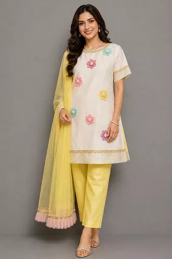 Off white yellow embroidered cotton silk organza kurti set