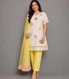 Off white yellow embroidered cotton silk organza kurti set